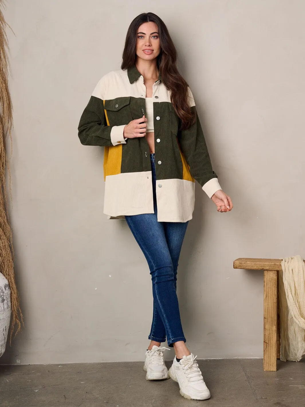 WOMEN'S LONG SLEEVE BUTTON UP COLORBLOCK CORDUROY JACKET
