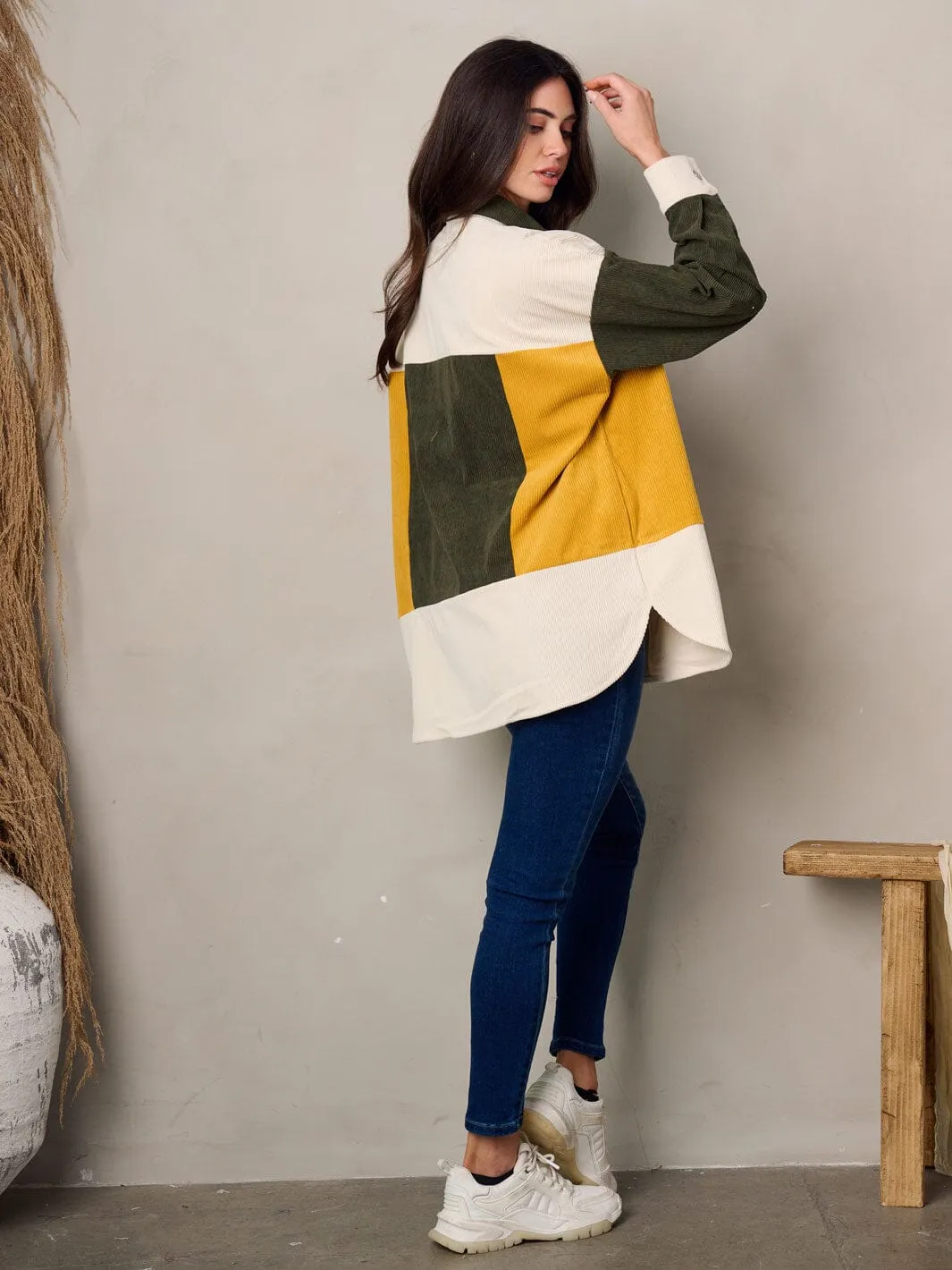 WOMEN'S LONG SLEEVE BUTTON UP COLORBLOCK CORDUROY JACKET