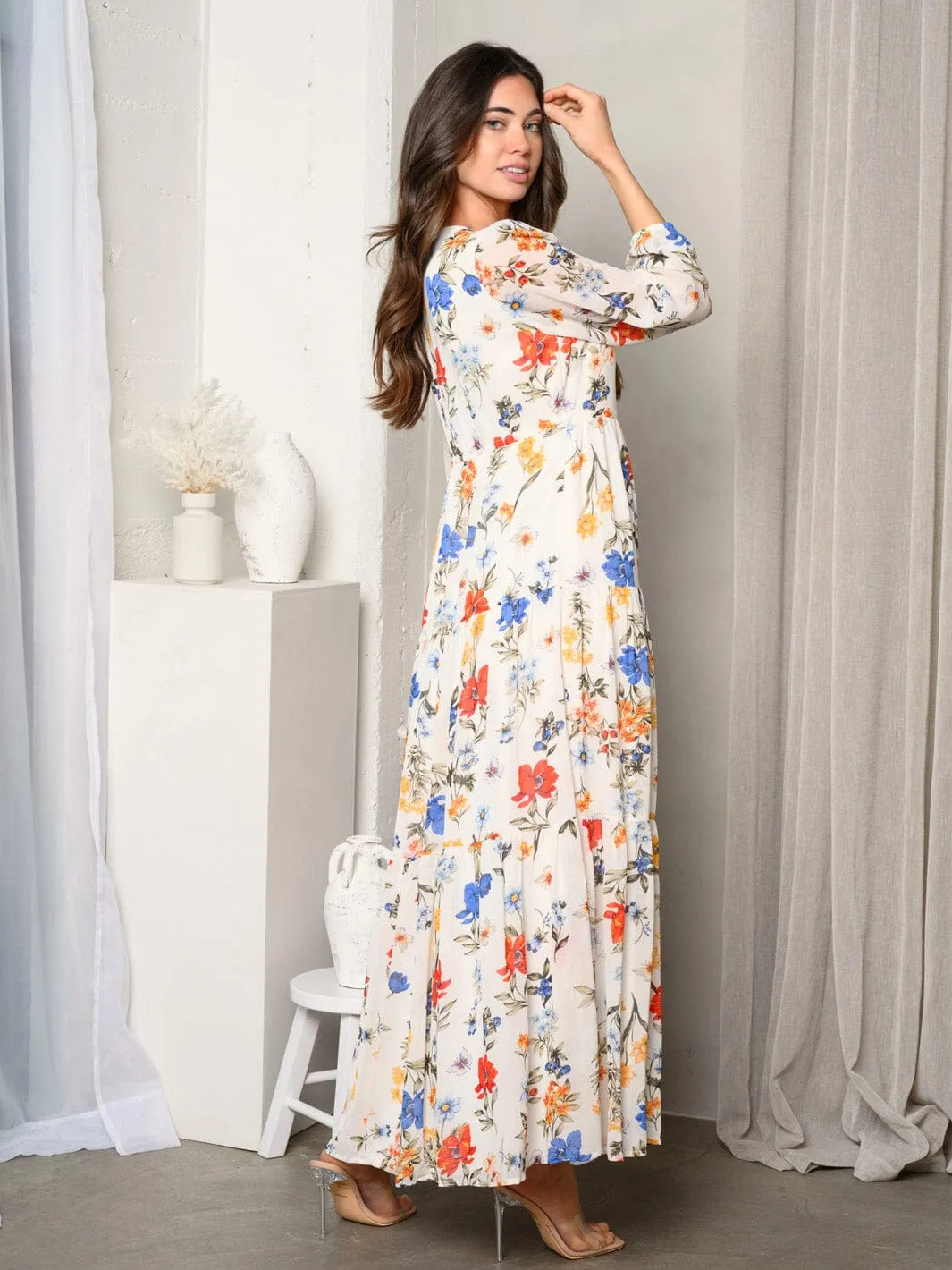 WOMEN'S LONG SLEEVE BUTTON UP FLORAL MAXI DRESS