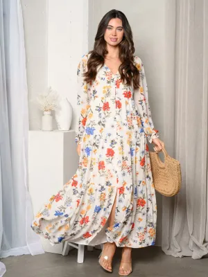WOMEN'S LONG SLEEVE BUTTON UP FLORAL MAXI DRESS