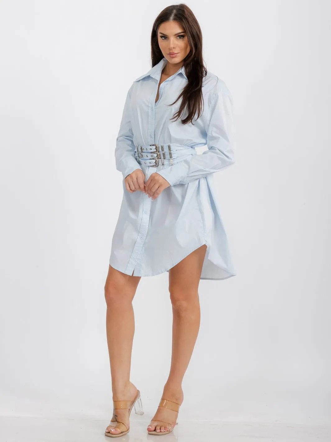 WOMEN'S LONG SLEEVE BUTTON UP FRONT BELT TUNIC MINI DRESS