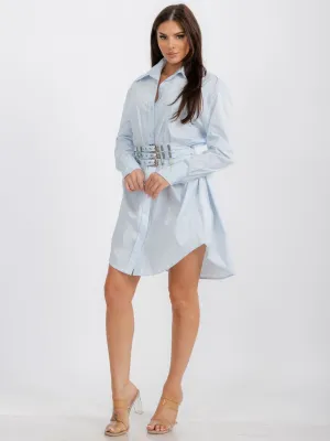 WOMEN'S LONG SLEEVE BUTTON UP FRONT BELT TUNIC MINI DRESS