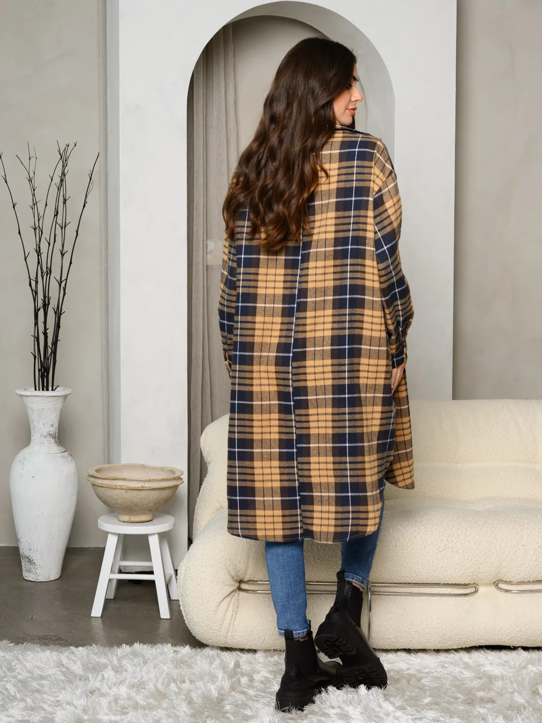 WOMEN'S LONG SLEEVE BUTTON UP FRONT POCKETS PLAID COAT
