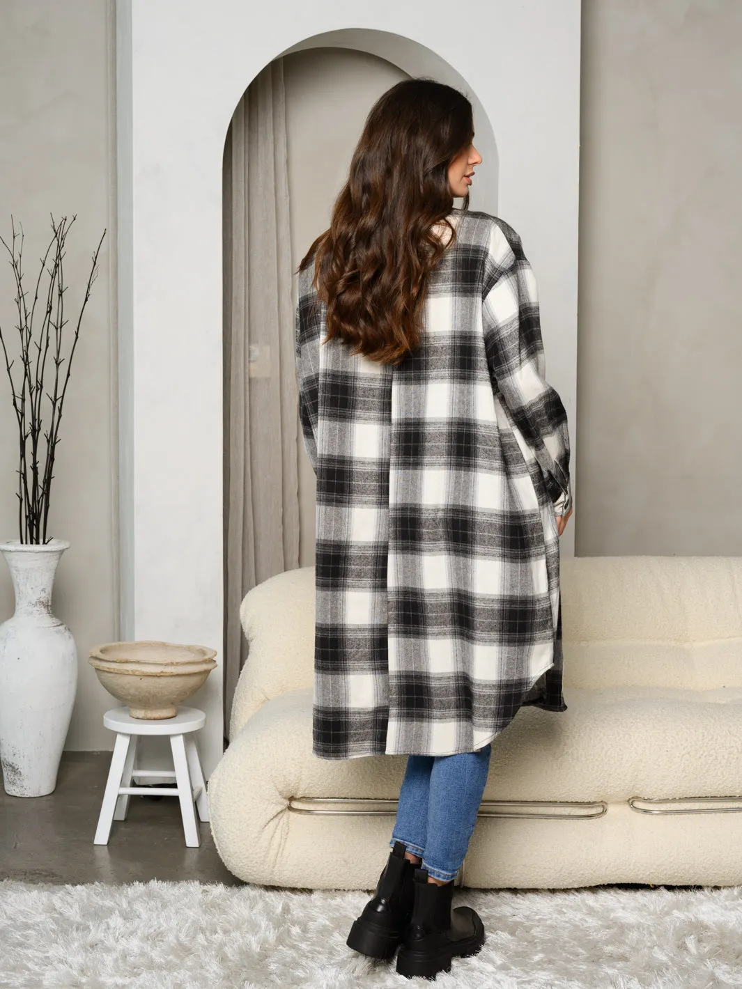 WOMEN'S LONG SLEEVE BUTTON UP FRONT POCKETS PLAID COAT