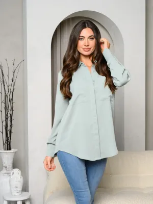 WOMEN'S LONG SLEEVE BUTTON UP FRONT POCKETS TOP