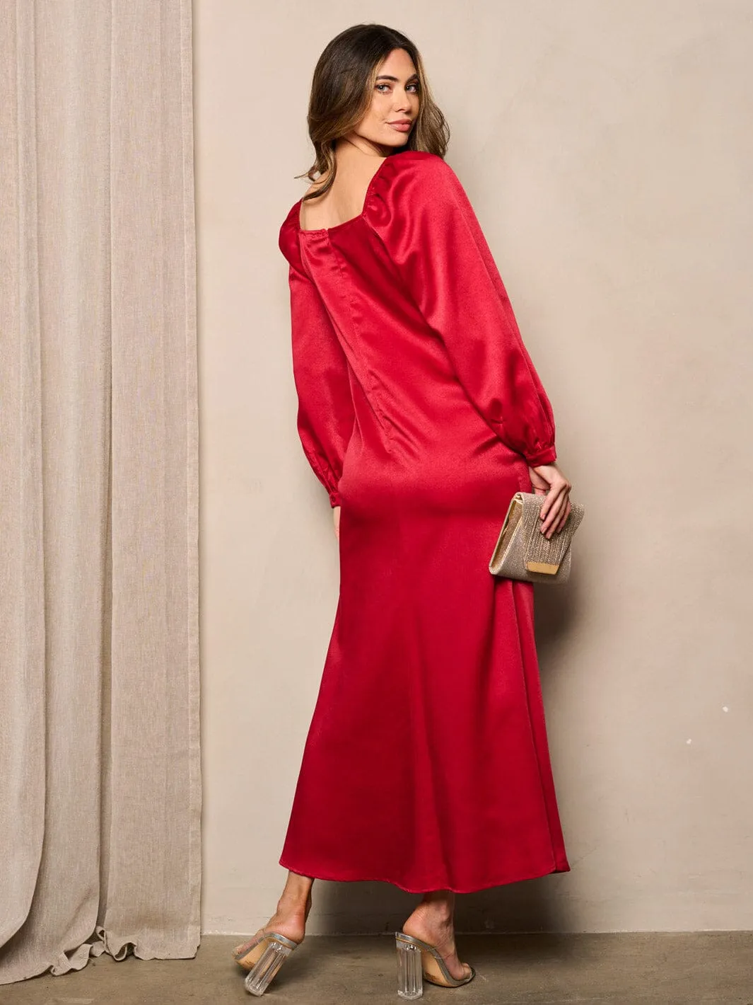 WOMEN'S LONG SLEEVE BUTTON UP FRONT SLIT MAXI DRESS