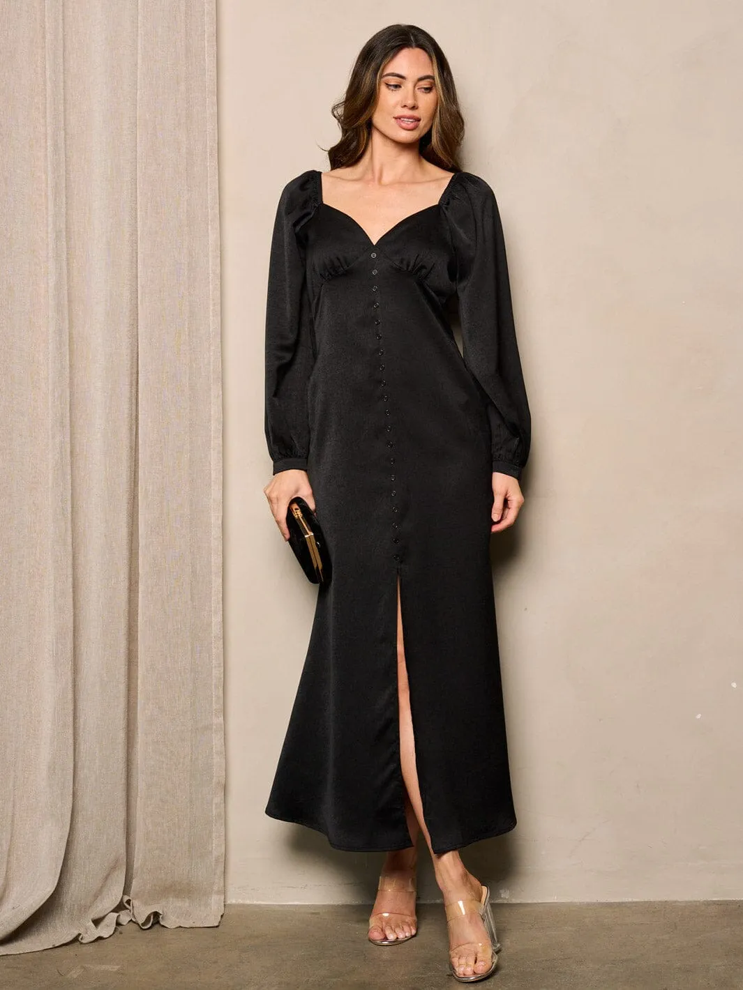 WOMEN'S LONG SLEEVE BUTTON UP FRONT SLIT MAXI DRESS