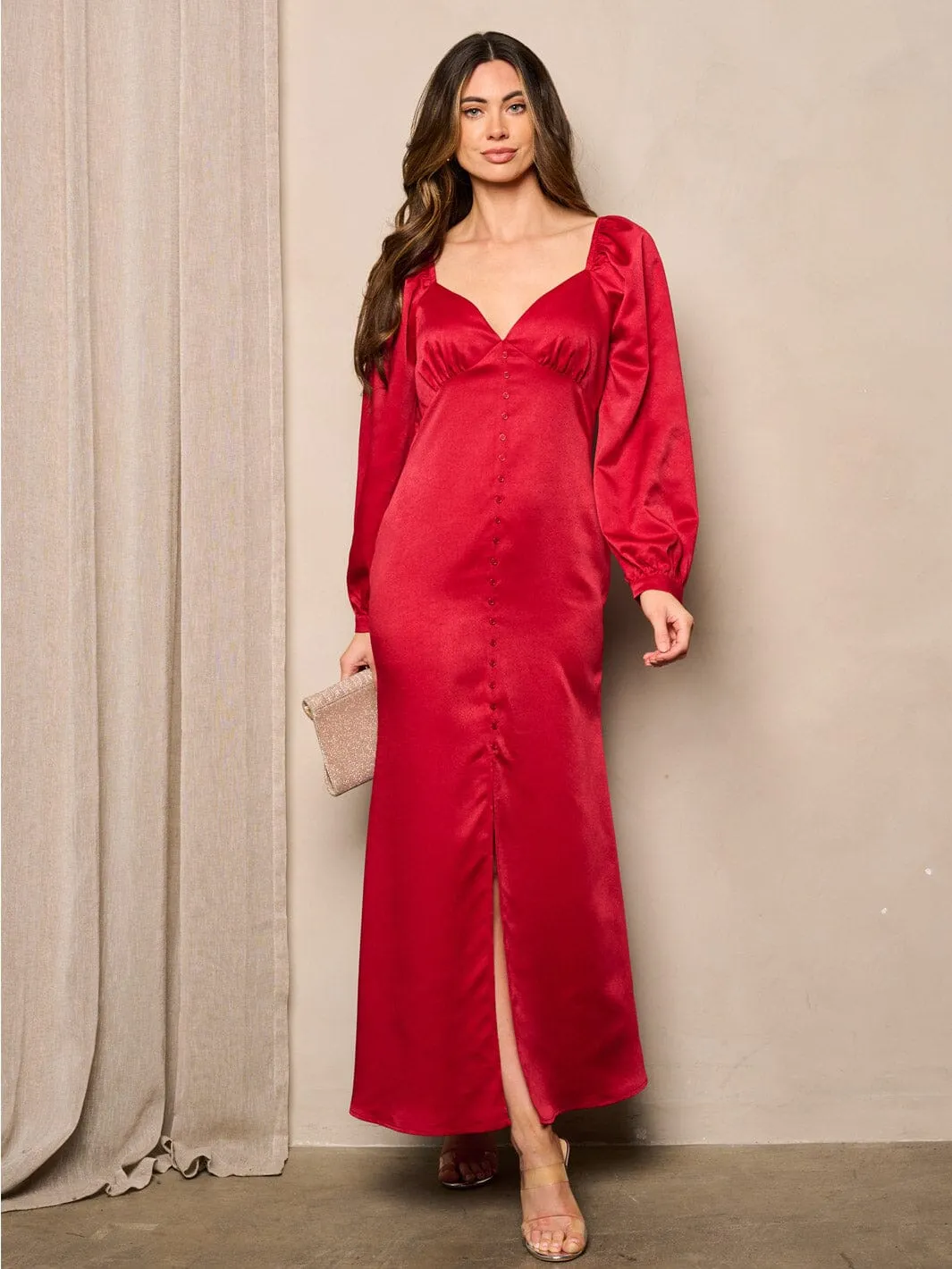 WOMEN'S LONG SLEEVE BUTTON UP FRONT SLIT MAXI DRESS