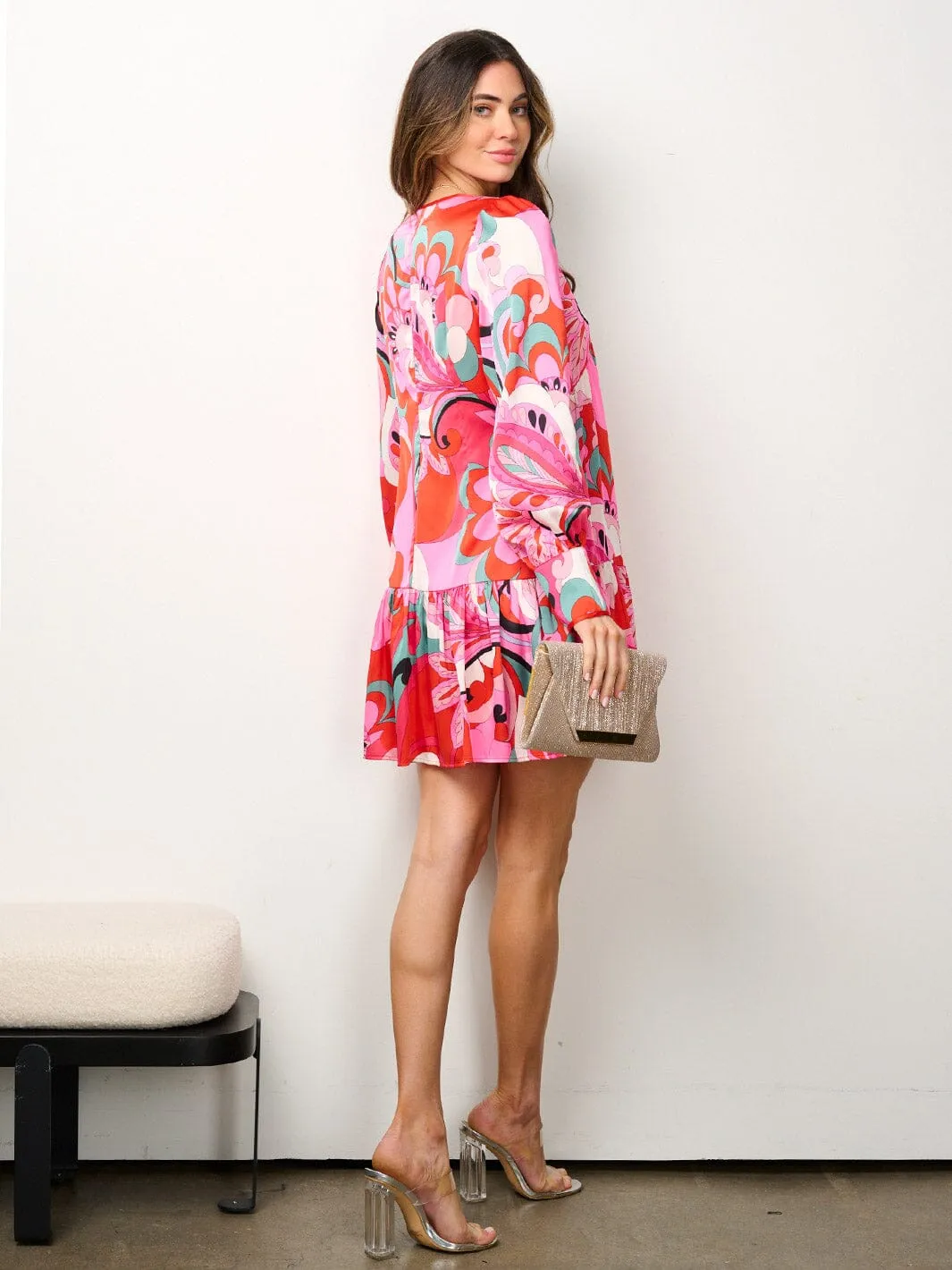 WOMEN'S LONG SLEEVE BUTTON UP MULTI PRINT MINI DRESS
