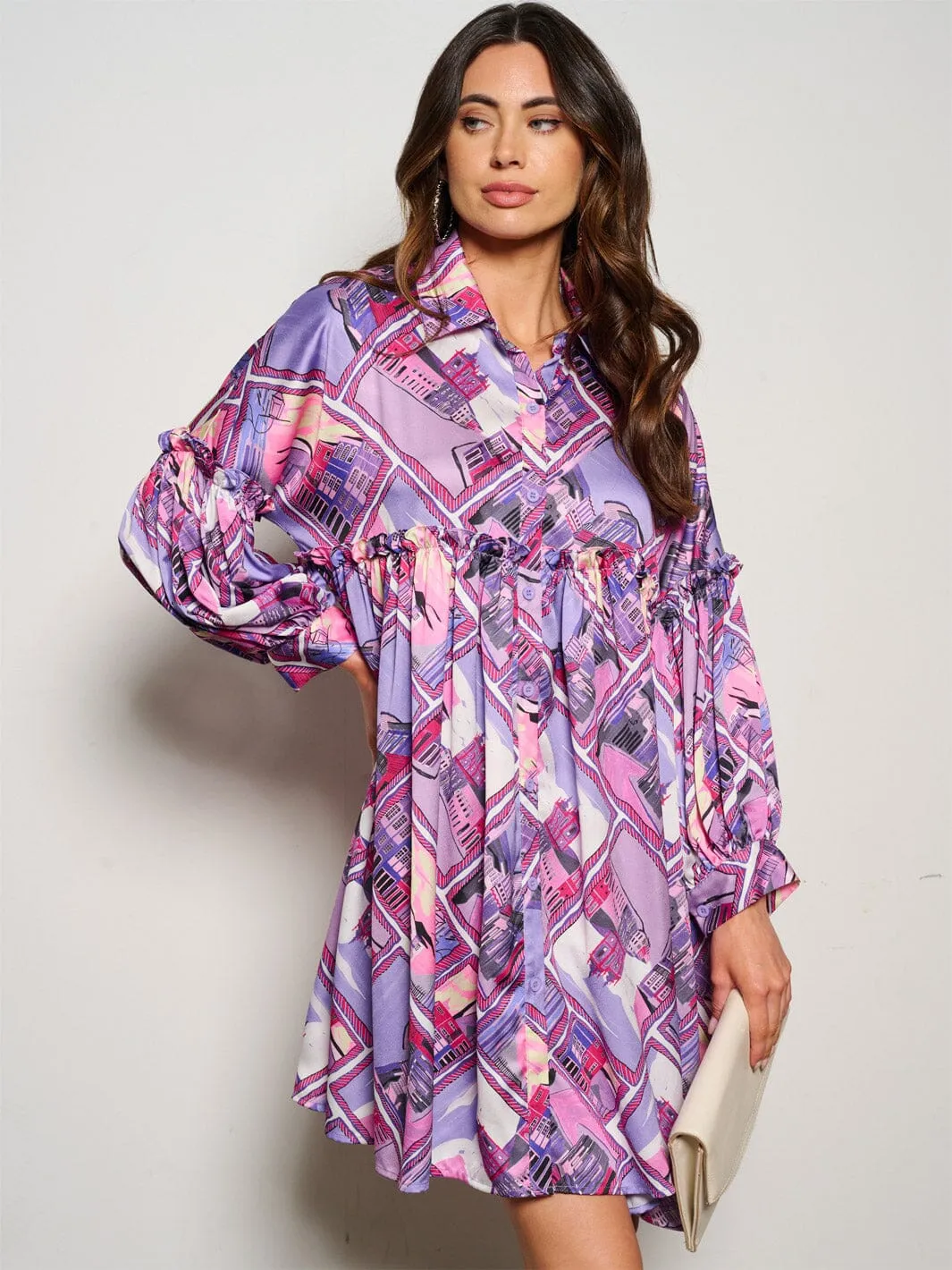 WOMEN'S LONG SLEEVE BUTTON UP MULTI PRINT TUNIC MINI DRESS