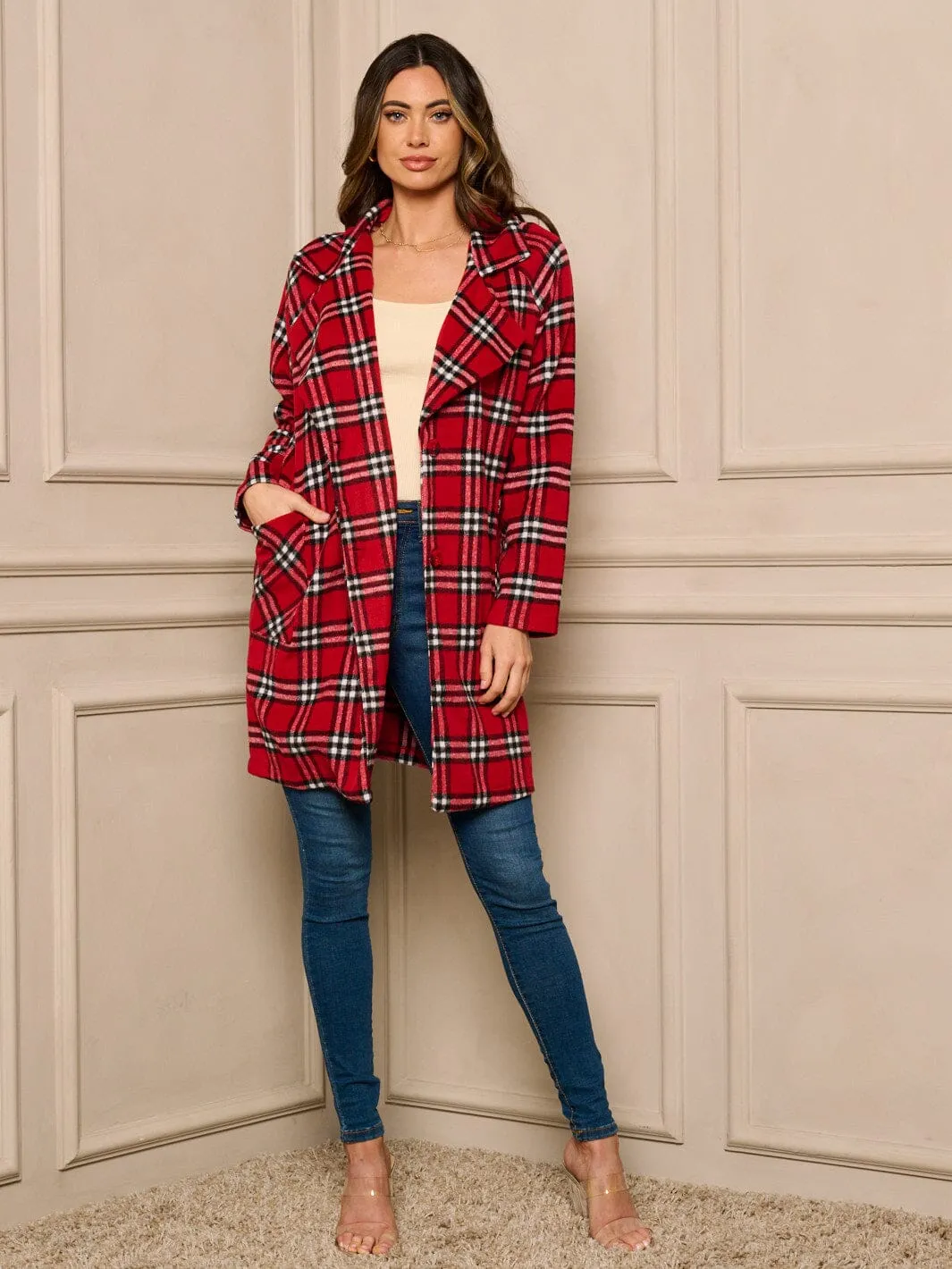 WOMENS LONG SLEEVE BUTTON UP PLAID COAT