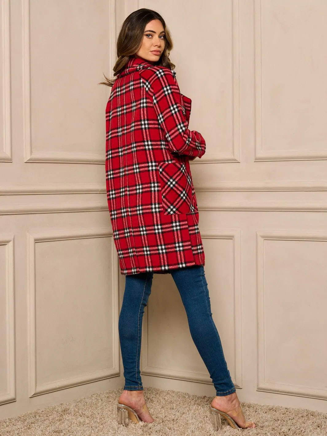 WOMENS LONG SLEEVE BUTTON UP PLAID COAT