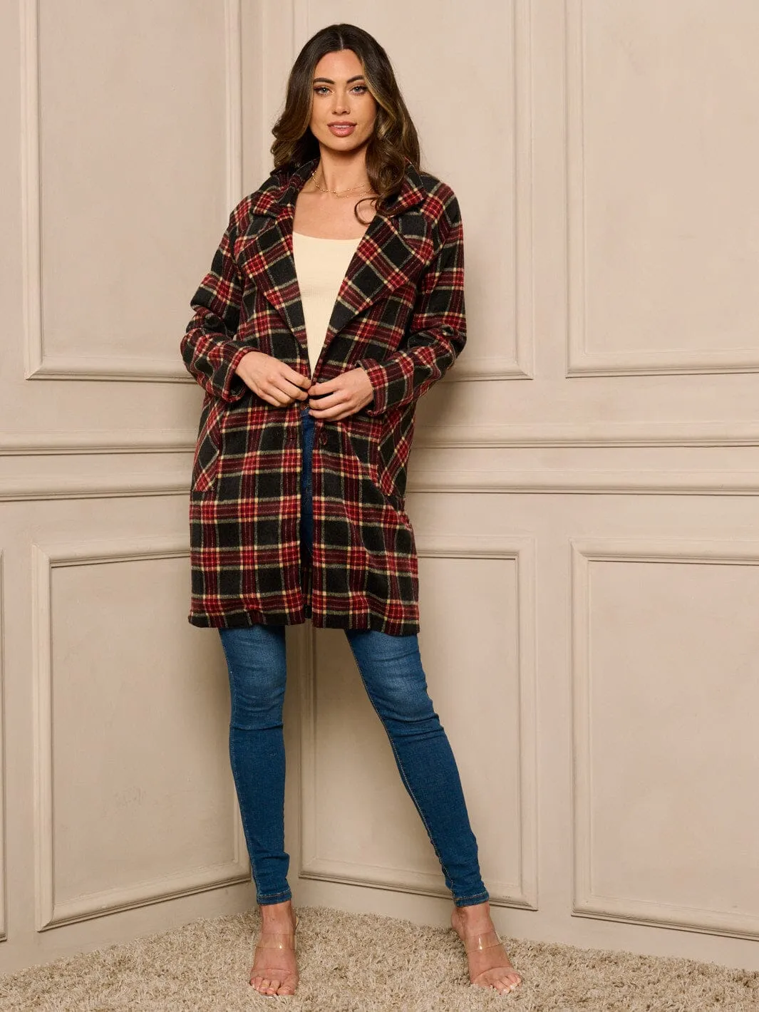 WOMENS LONG SLEEVE BUTTON UP PLAID COAT