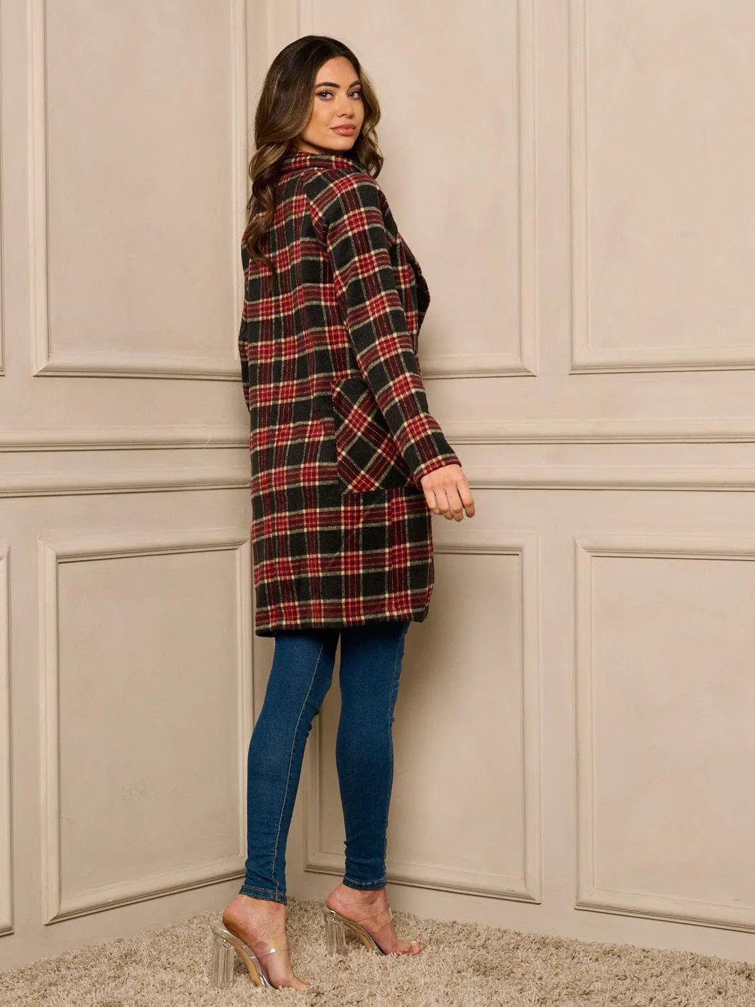WOMENS LONG SLEEVE BUTTON UP PLAID COAT
