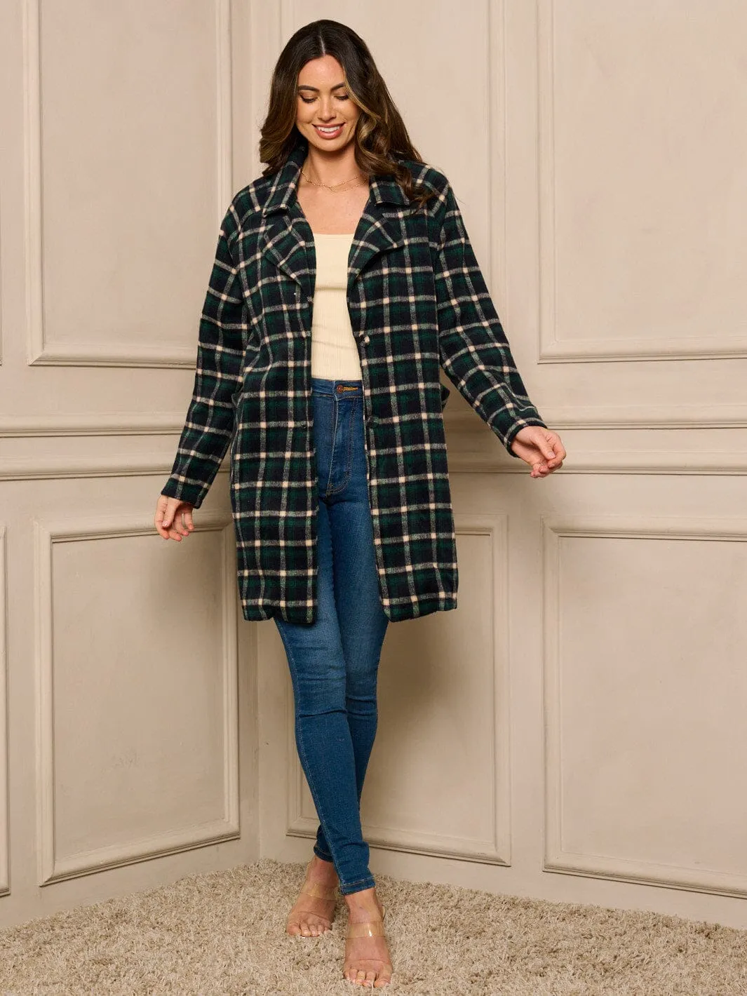 WOMENS LONG SLEEVE BUTTON UP PLAID COAT