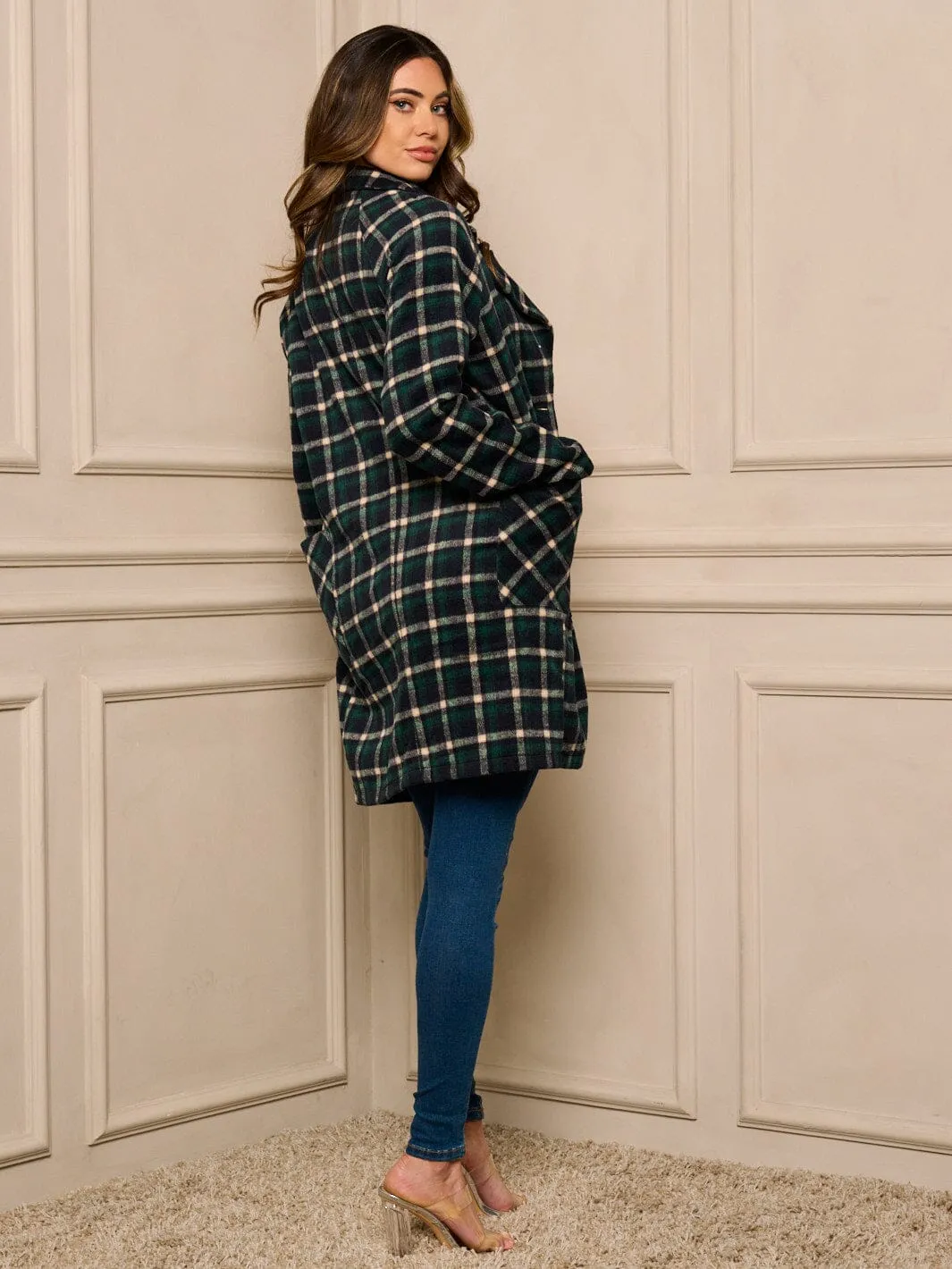 WOMENS LONG SLEEVE BUTTON UP PLAID COAT