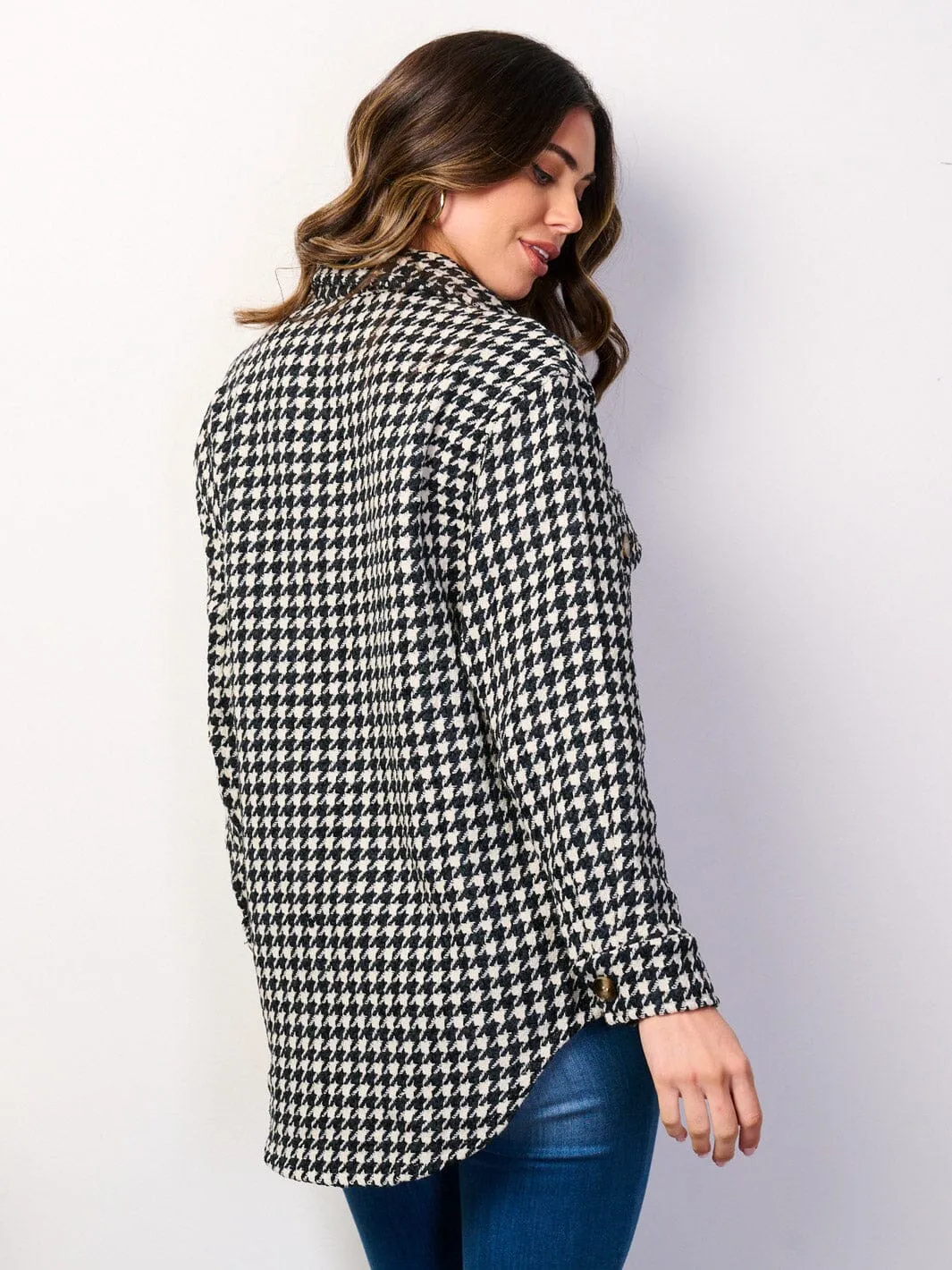 WOMEN'S LONG SLEEVE BUTTON UP POCKETS CHECKERS PRINT JACKET