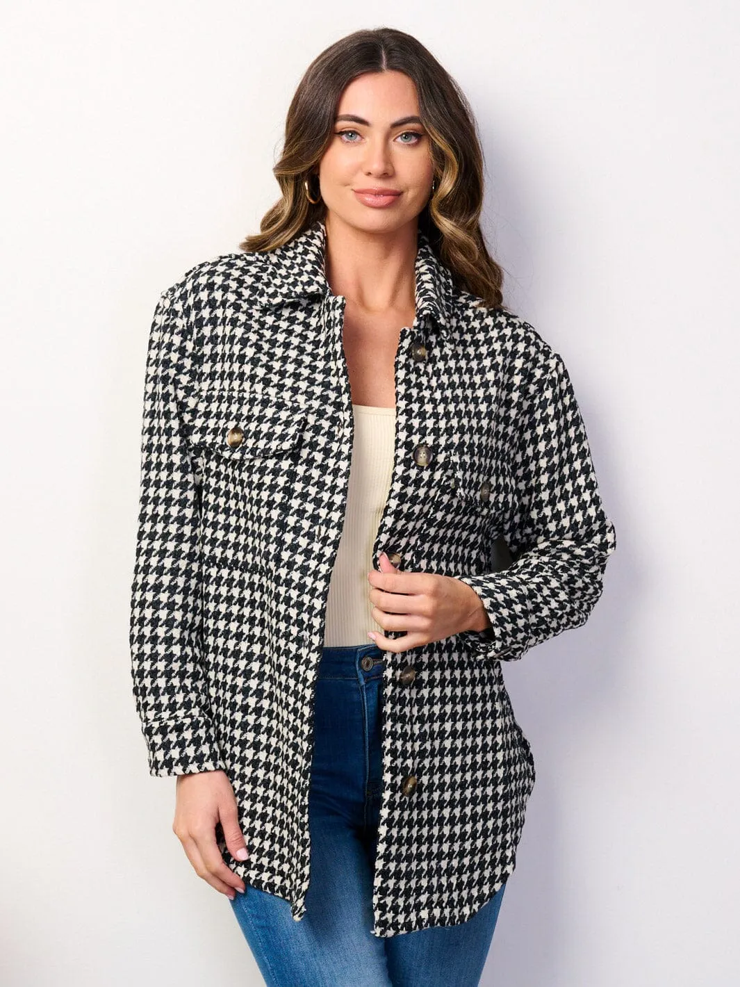 WOMEN'S LONG SLEEVE BUTTON UP POCKETS CHECKERS PRINT JACKET