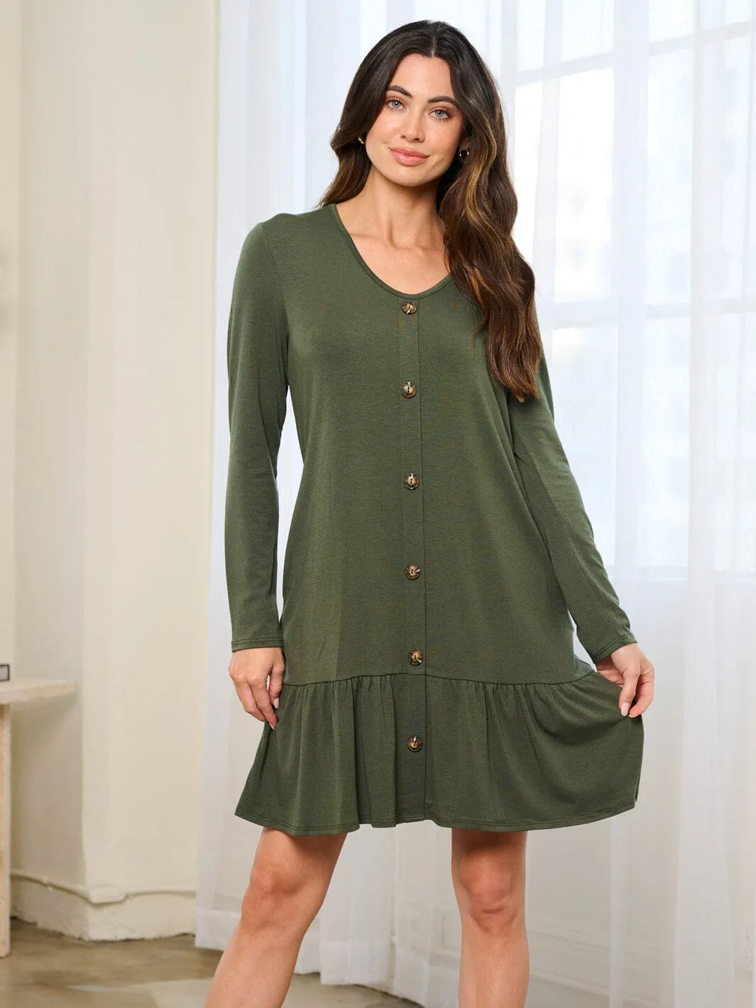 WOMEN'S LONG SLEEVE BUTTON UP POCKETS MINI DRESS