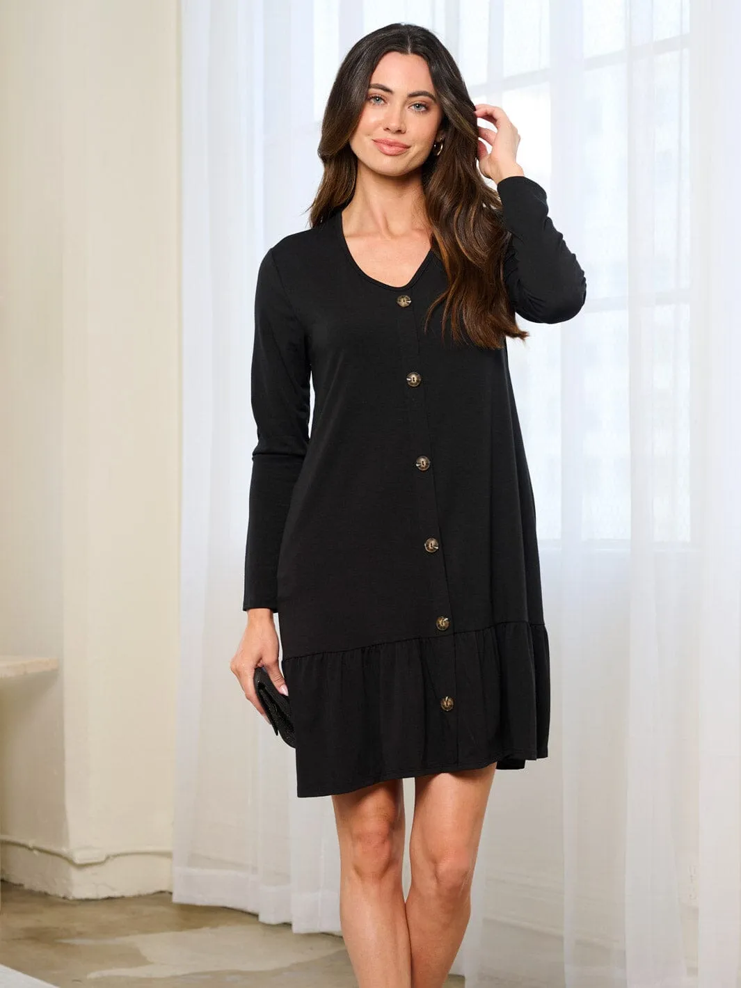 WOMEN'S LONG SLEEVE BUTTON UP POCKETS MINI DRESS