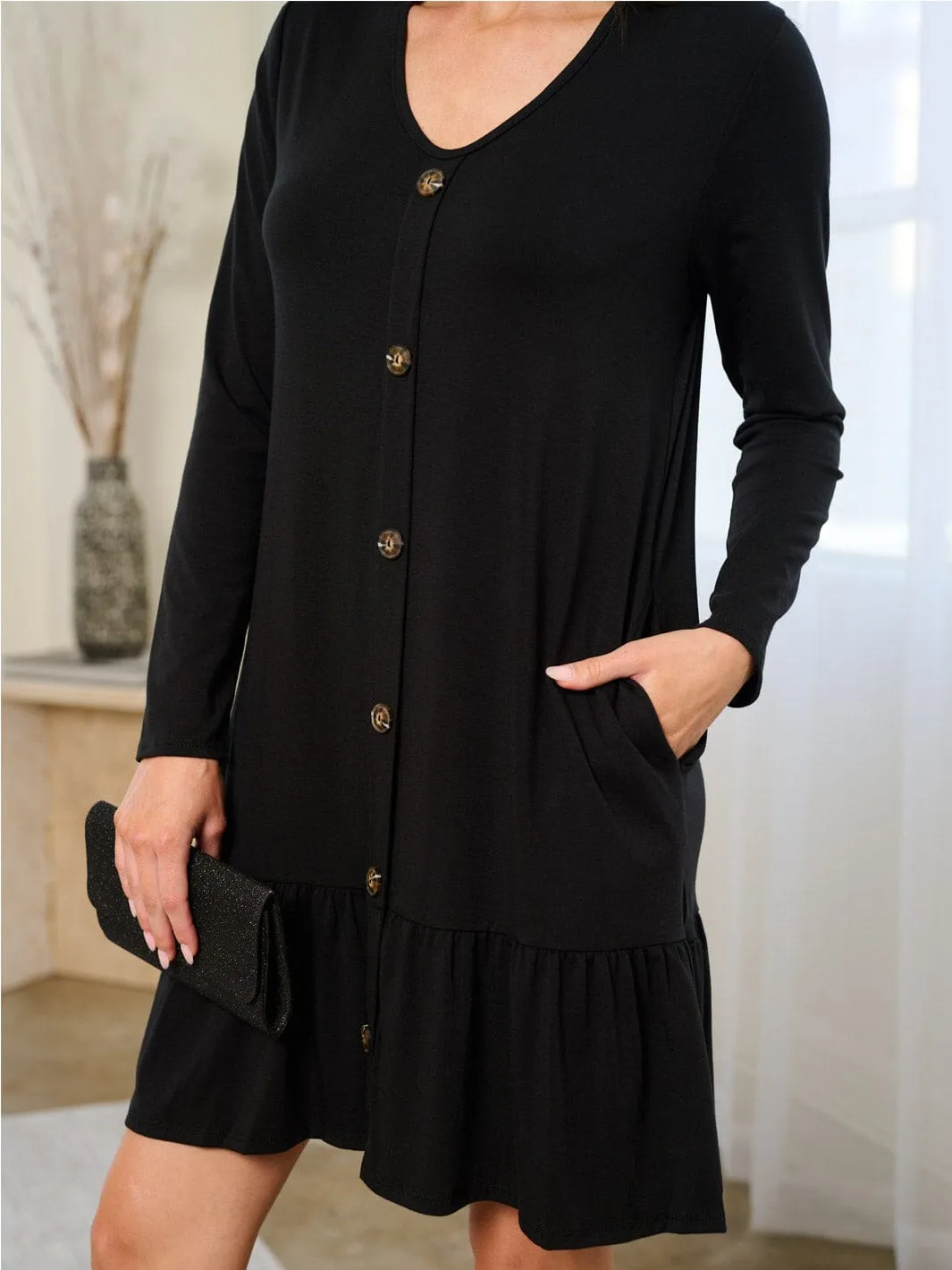 WOMEN'S LONG SLEEVE BUTTON UP POCKETS MINI DRESS