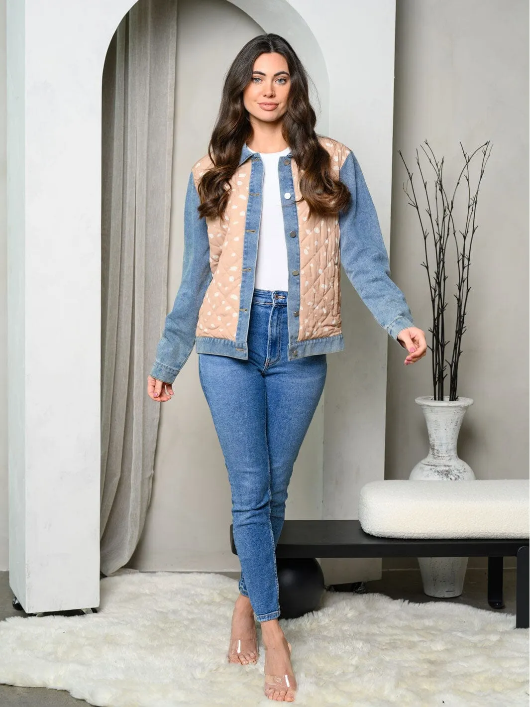 WOMEN'S LONG SLEEVE BUTTON UP QUILTED DENIM JACKET