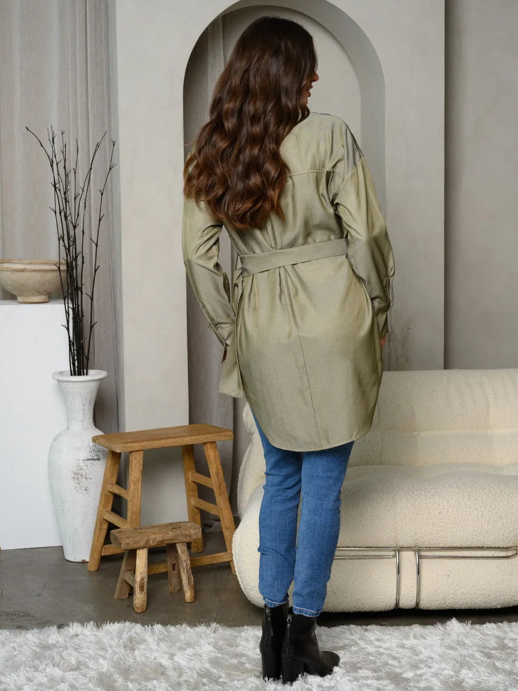 WOMEN'S LONG SLEEVE BUTTON UP SELF TIE TOP