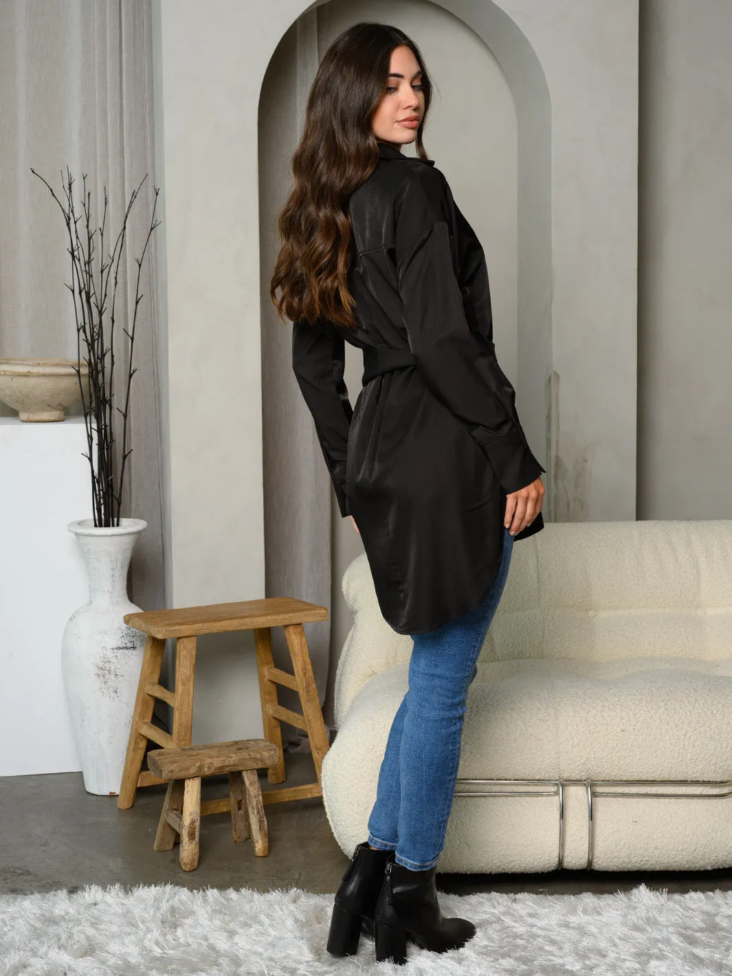 WOMEN'S LONG SLEEVE BUTTON UP SELF TIE TOP