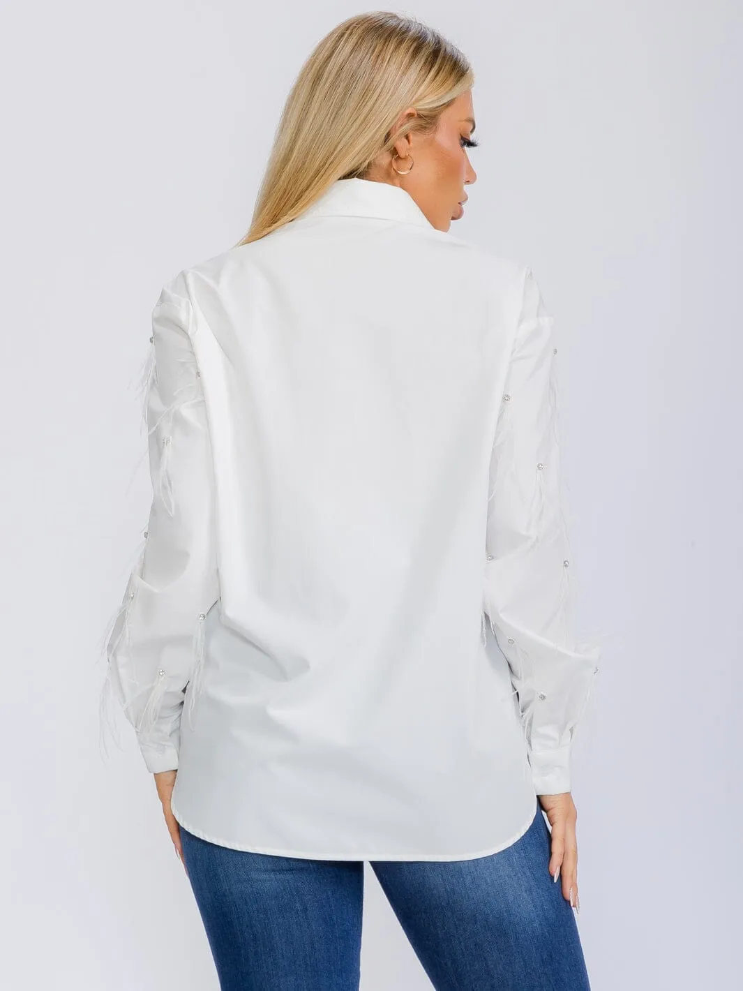 WOMEN'S LONG SLEEVE BUTTON UP STUDS WITH FEATHERS BLOUSE TOP
