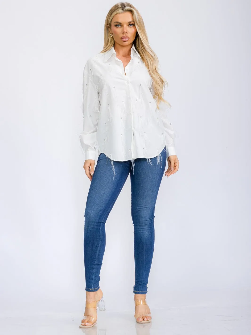 WOMEN'S LONG SLEEVE BUTTON UP STUDS WITH FEATHERS BLOUSE TOP