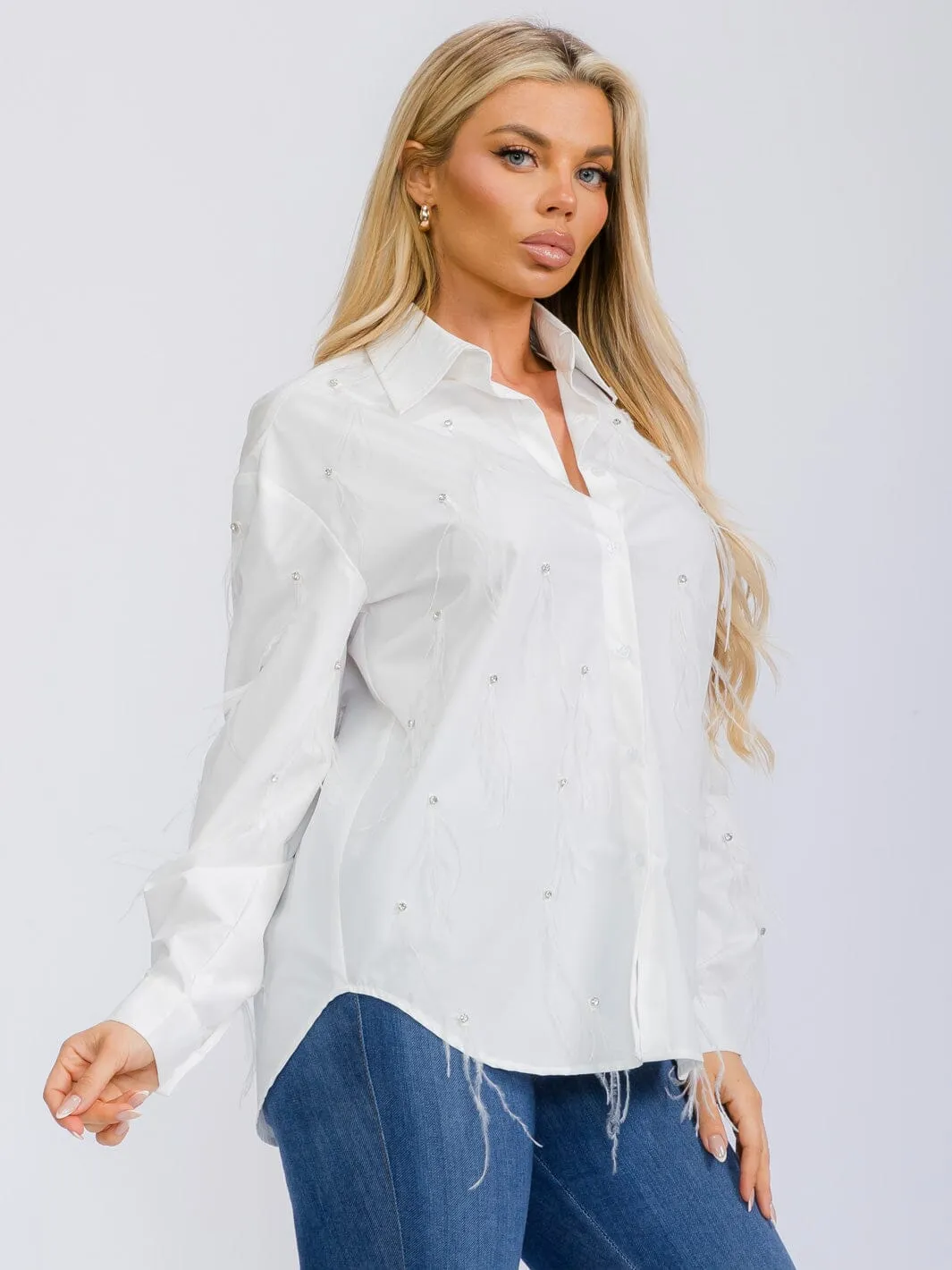 WOMEN'S LONG SLEEVE BUTTON UP STUDS WITH FEATHERS BLOUSE TOP