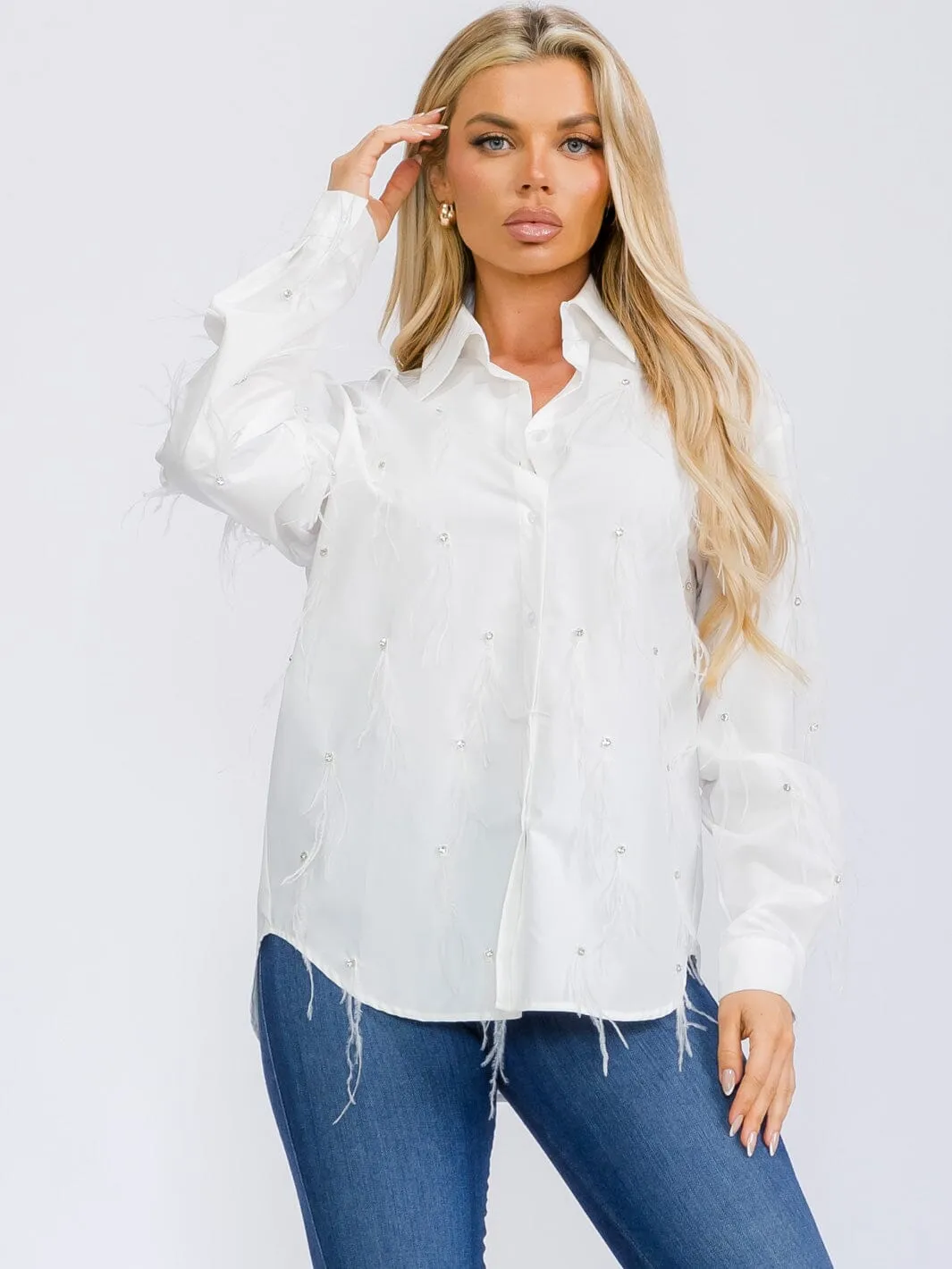 WOMEN'S LONG SLEEVE BUTTON UP STUDS WITH FEATHERS BLOUSE TOP