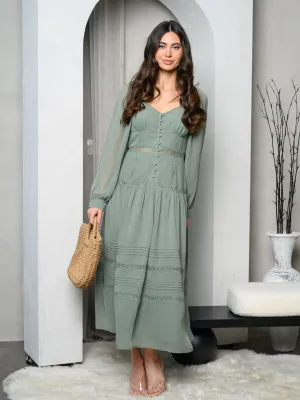 WOMEN'S LONG SLEEVE BUTTON UP TIERED LACE MAXI DRESS
