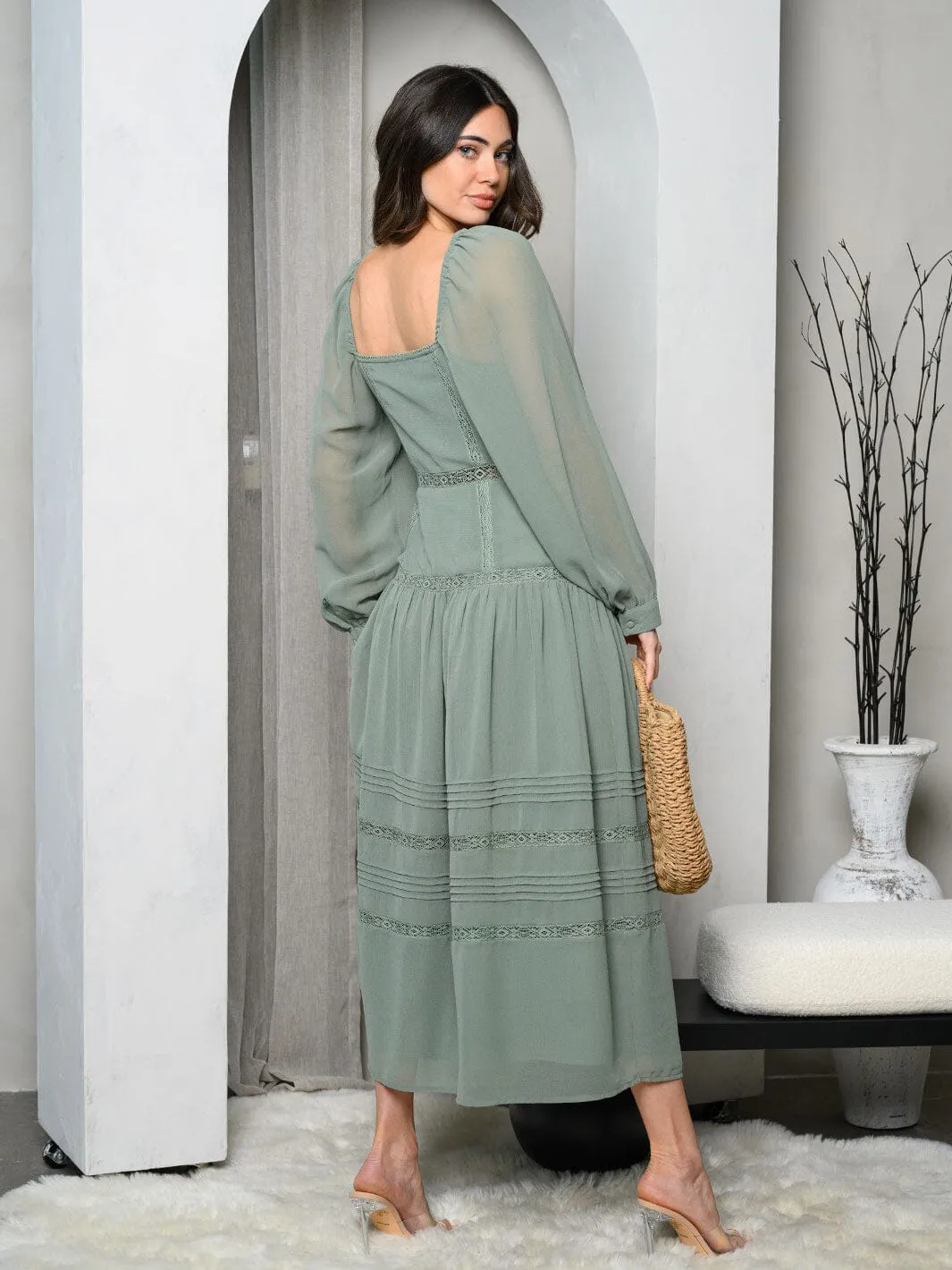 WOMEN'S LONG SLEEVE BUTTON UP TIERED LACE MAXI DRESS