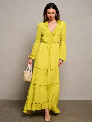 WOMEN'S LONG SLEEVE BUTTON UP TIERED MAXI DRESS