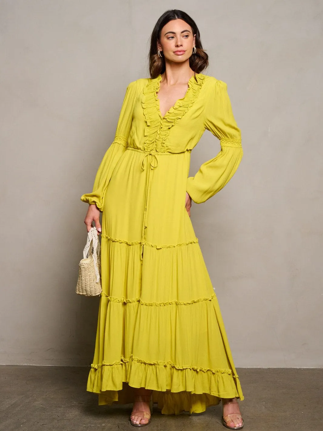 WOMEN'S LONG SLEEVE BUTTON UP TIERED MAXI DRESS