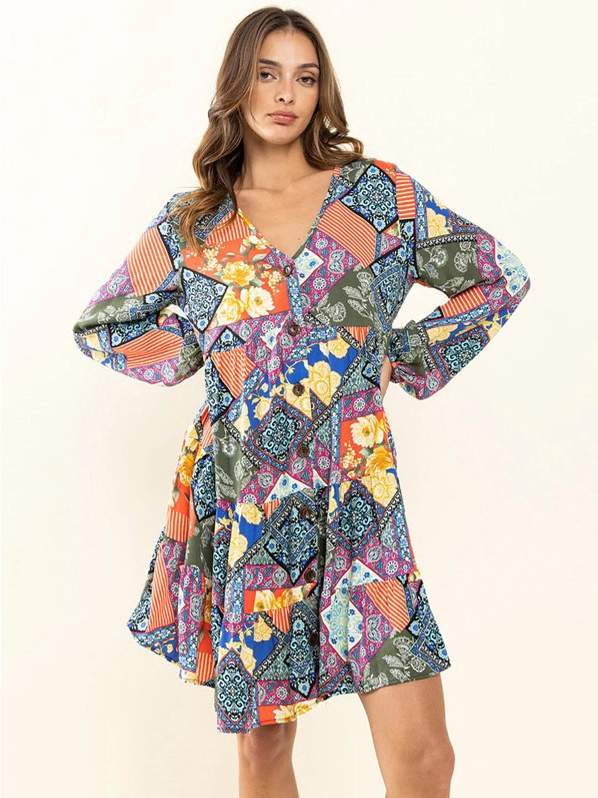 WOMEN'S LONG SLEEVE BUTTON UP V-NECK POCKETS MULTI PRINT MINI DRESS