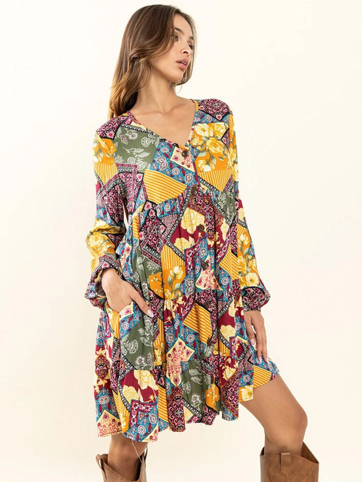 WOMEN'S LONG SLEEVE BUTTON UP V-NECK POCKETS MULTI PRINT MINI DRESS