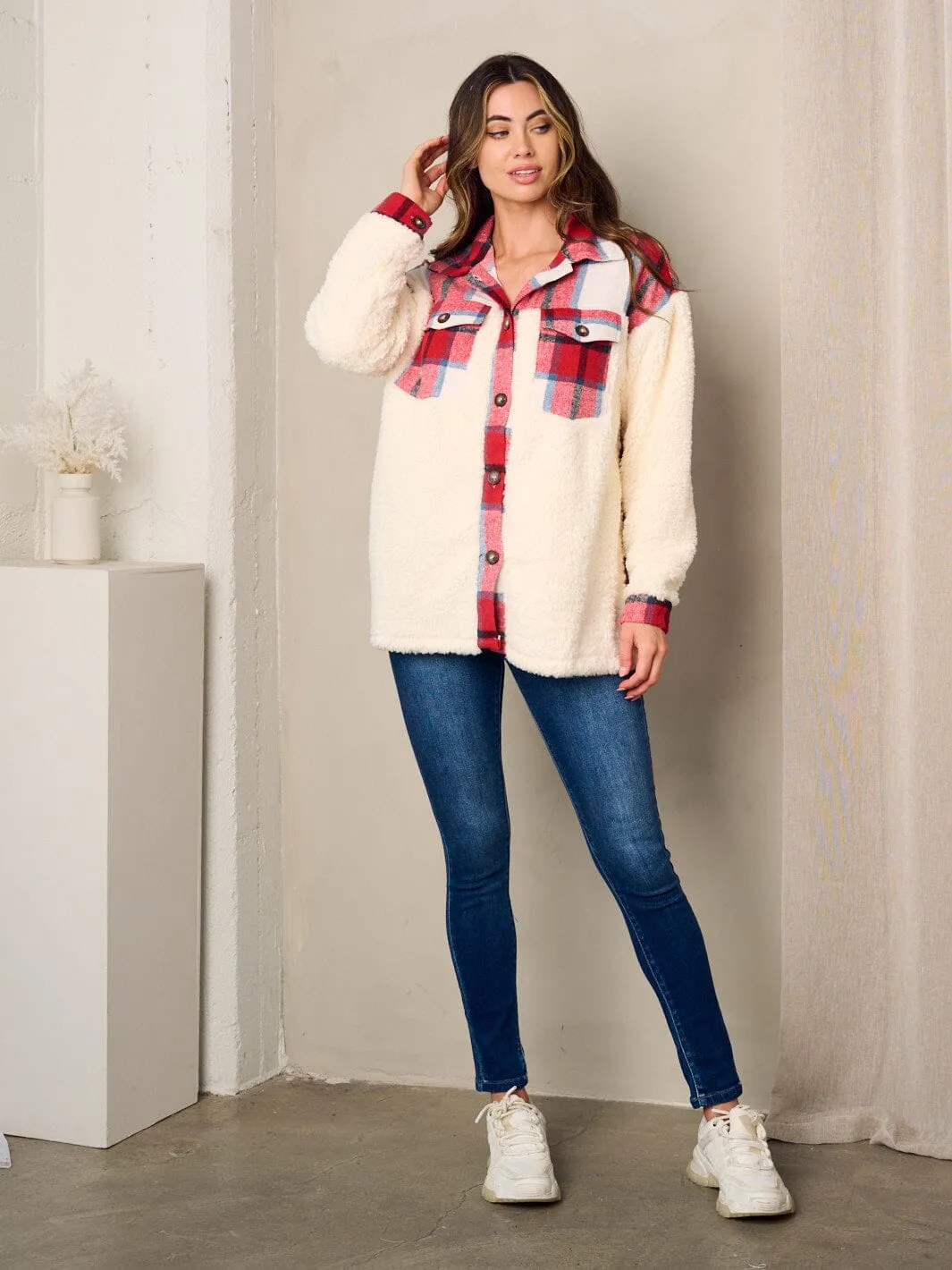 WOMEN'S LONG SLEEVE PLAID SHERPA BUTTON UP JACKET