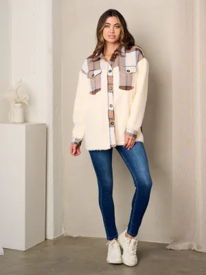 WOMEN'S LONG SLEEVE PLAID SHERPA BUTTON UP JACKET