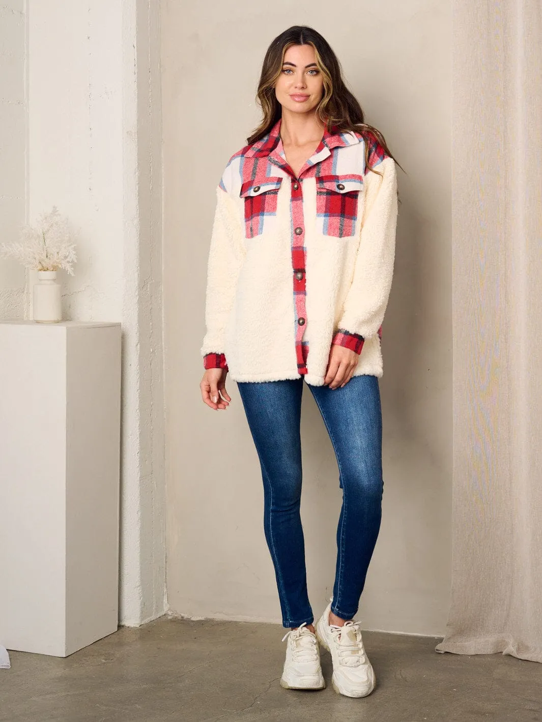 WOMEN'S LONG SLEEVE PLAID SHERPA BUTTON UP JACKET