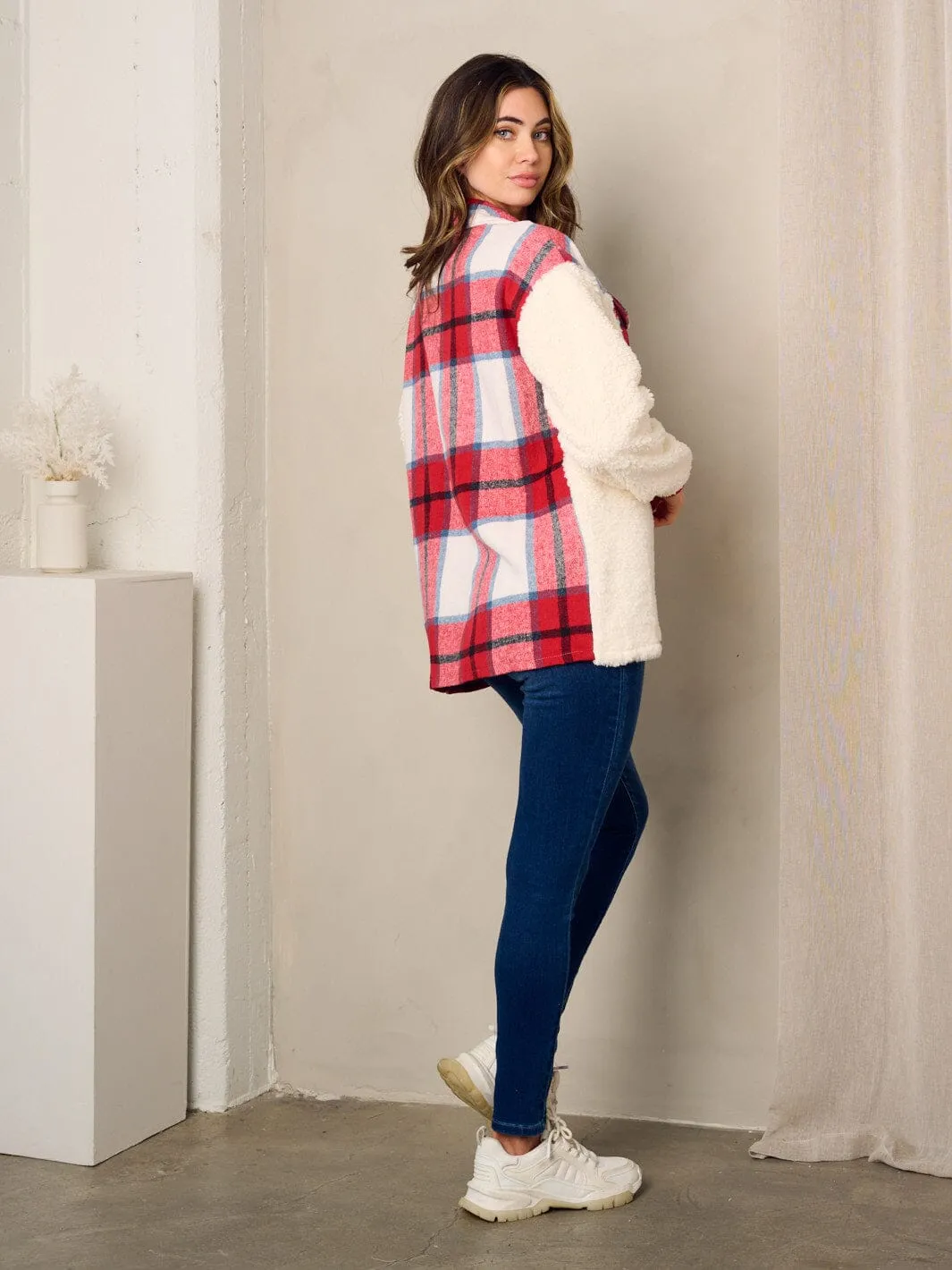 WOMEN'S LONG SLEEVE PLAID SHERPA BUTTON UP JACKET