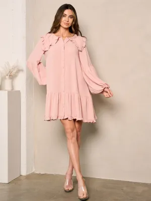WOMEN'S LONG SLEEVE RUFFLE BUTTON UP MINI DRESS