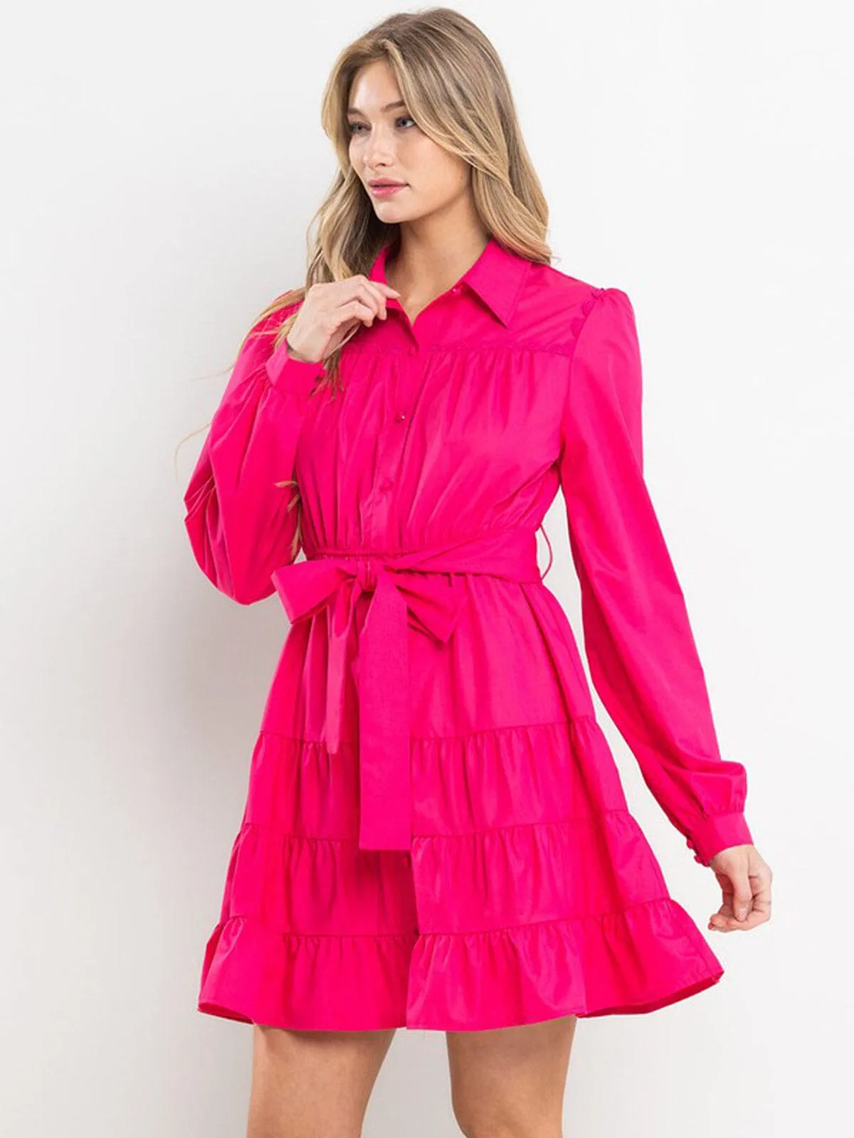 WOMEN'S LONG SLEEVE SELF TIE BUTTON UP TIERED MINI DRESS
