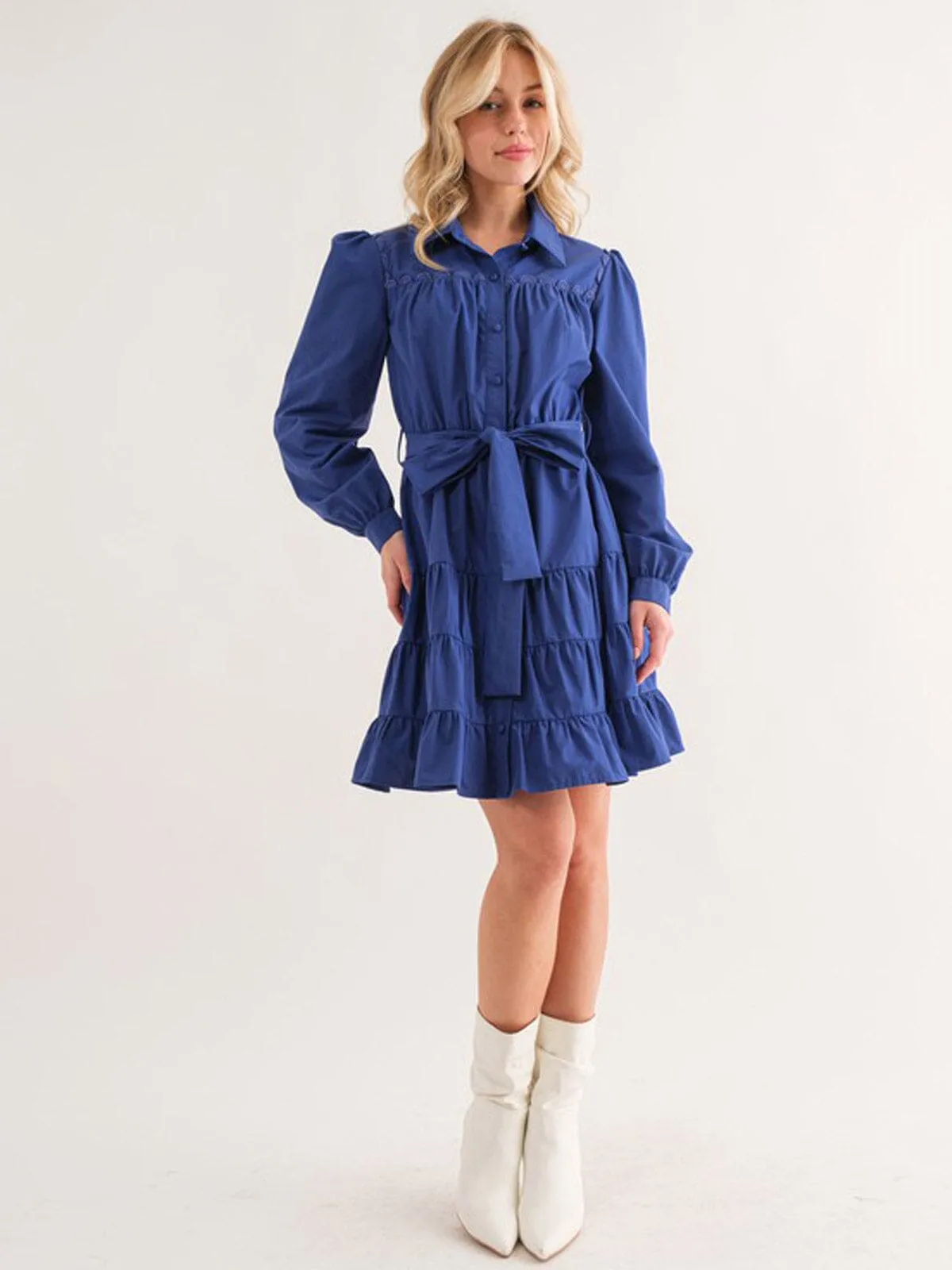 WOMEN'S LONG SLEEVE SELF TIE BUTTON UP TIERED MINI DRESS