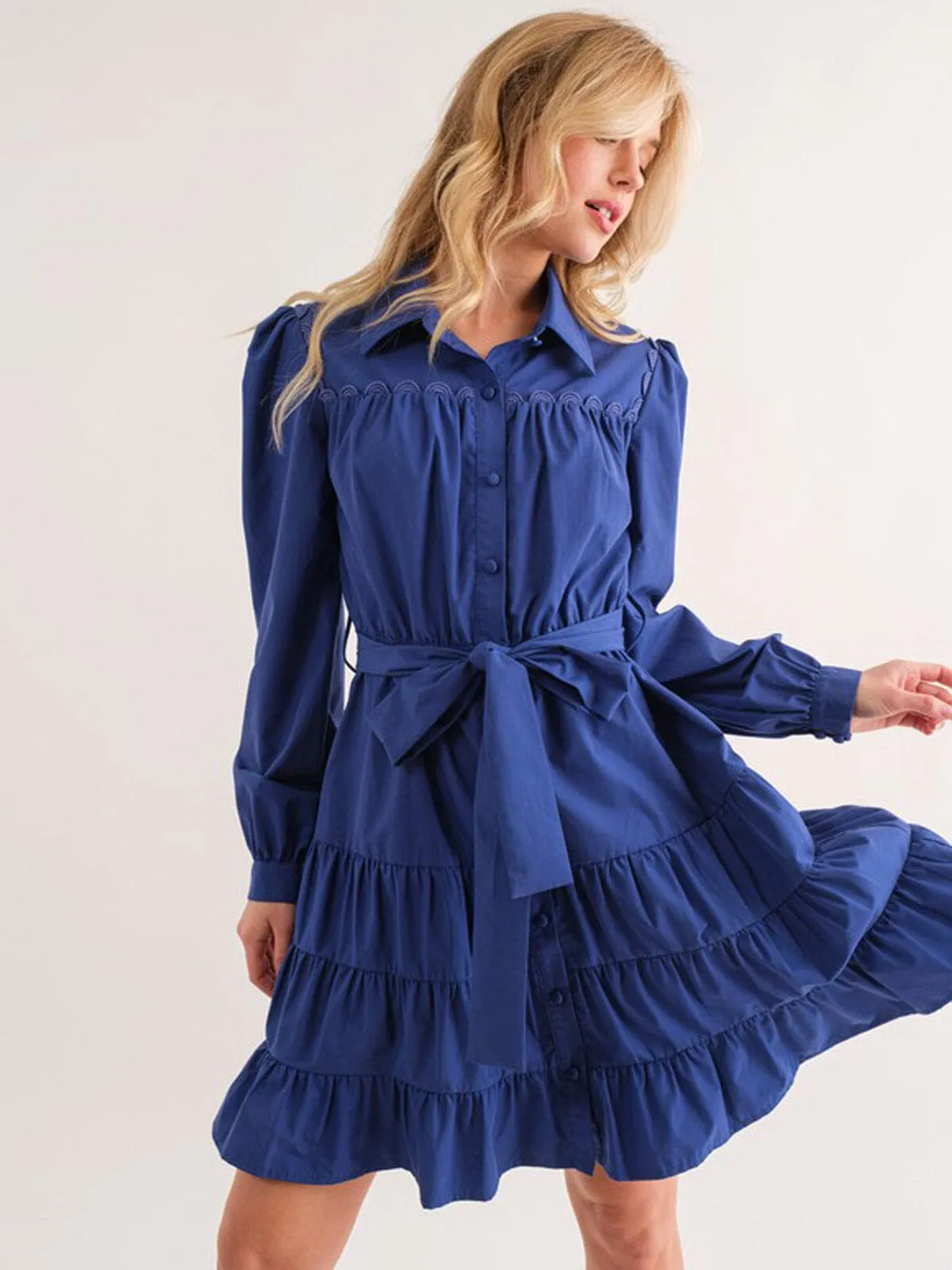 WOMEN'S LONG SLEEVE SELF TIE BUTTON UP TIERED MINI DRESS