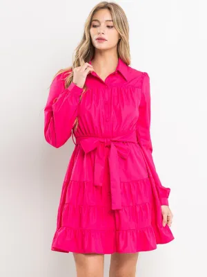 WOMEN'S LONG SLEEVE SELF TIE BUTTON UP TIERED MINI DRESS