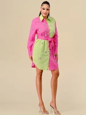WOMEN'S LONG SLEEVES BUTTON UP STUDS DETAILED COLORBLOCK MINI DRESS