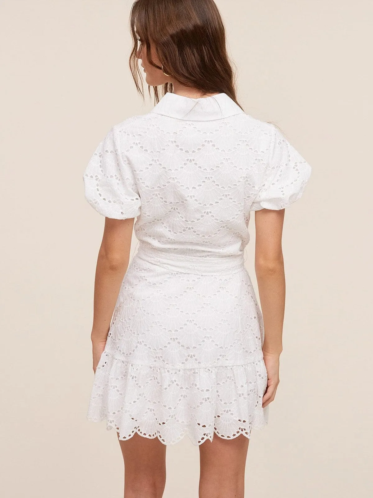WOMEN'S SHORT PUFF SLEEVE BUTTON UP EYELET MINI DRESS
