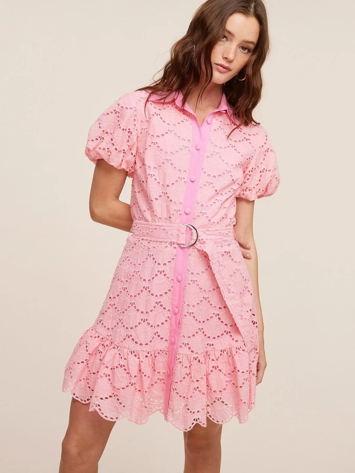 WOMEN'S SHORT PUFF SLEEVE BUTTON UP EYELET MINI DRESS